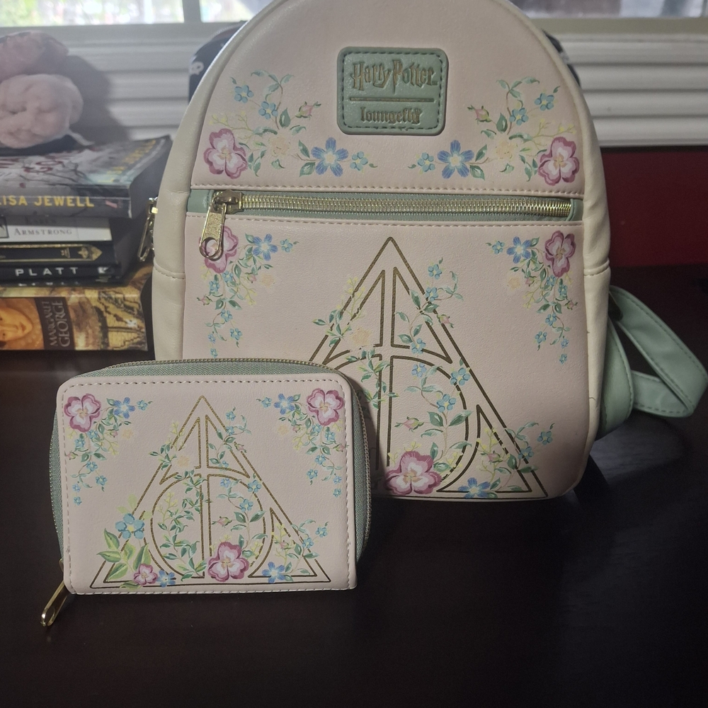 Loungefly Harry Potter Pastel Pink Floral Deathly Hallows Backpack & Wallet